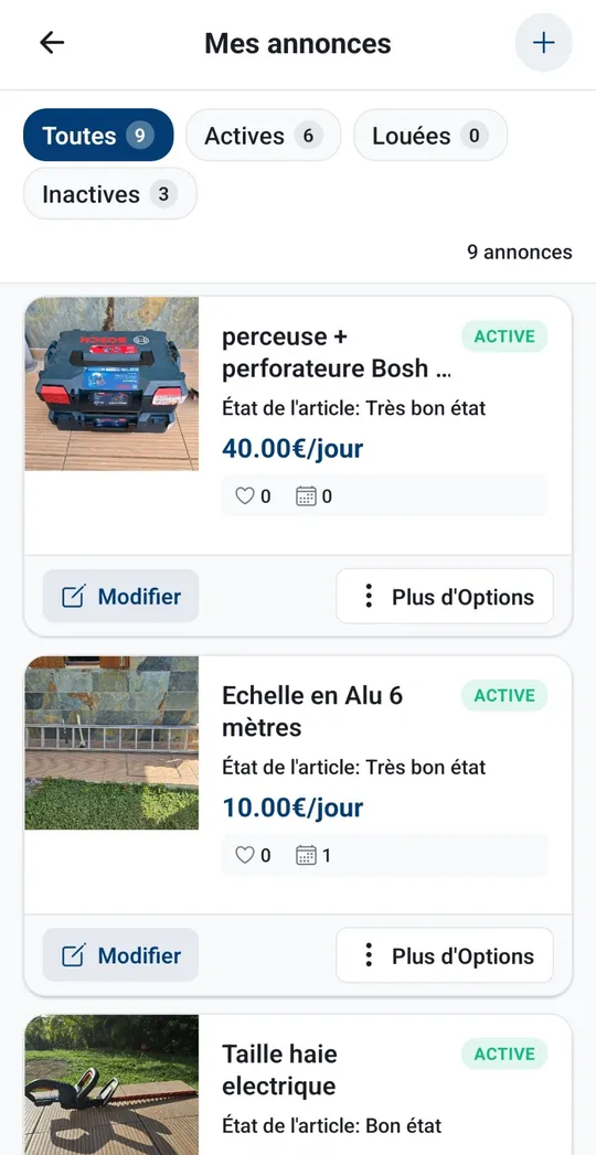 L’écran « Mes annonces » de l’application Tout à Louer